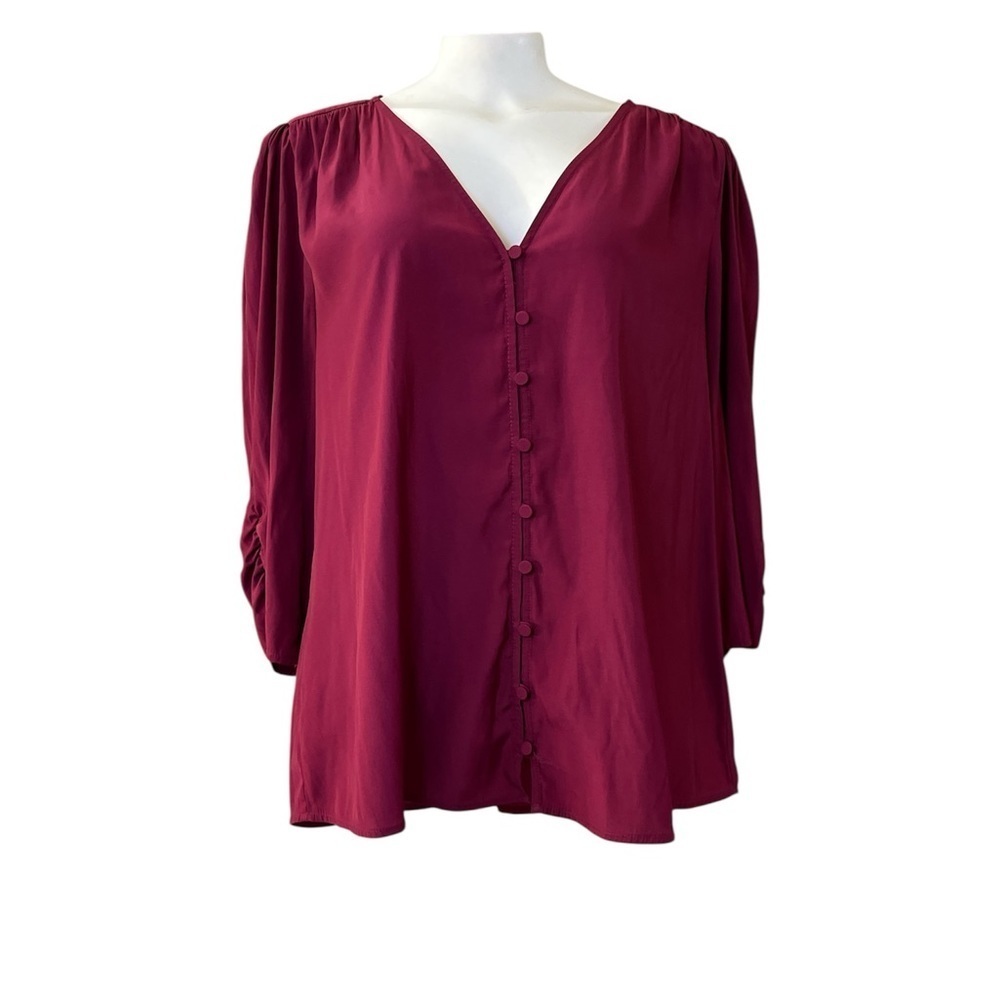 1. State Dark Pink Satin V-Neck Blouse Ruched Sleeve Top Large